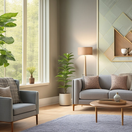 A serene living room with a statement accent wall featuring a geometric pattern in soft gray and cream hues, surrounded by sleek furniture and lush greenery, bathed in warm natural light.