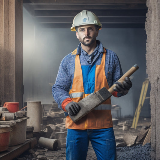 An image depicting a person in a construction hat and gloves, holding a spirit level and a hammer, standing in front of a partially demolished wall with various tools scattered around.
