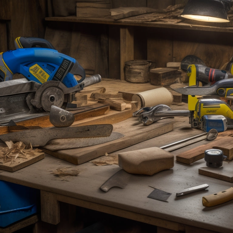 A cluttered workbench with various cutting tools, including a circular saw, jigsaw, miter saw, and utility knife, surrounded by wood shavings, scattered blueprints, and a half-cut wooden plank.