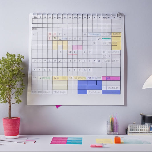 A color-coded calendar on a white wall with a renovation timeline, marked with colorful sticky notes and pens, surrounded by blueprint plans and a few scattered renovation tools.