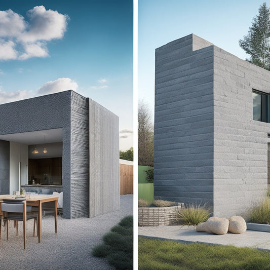 A split-screen image featuring a stack of grey concrete blocks on a construction site on one side, and a beautifully renovated modern home with a concrete-block accent wall on the other.