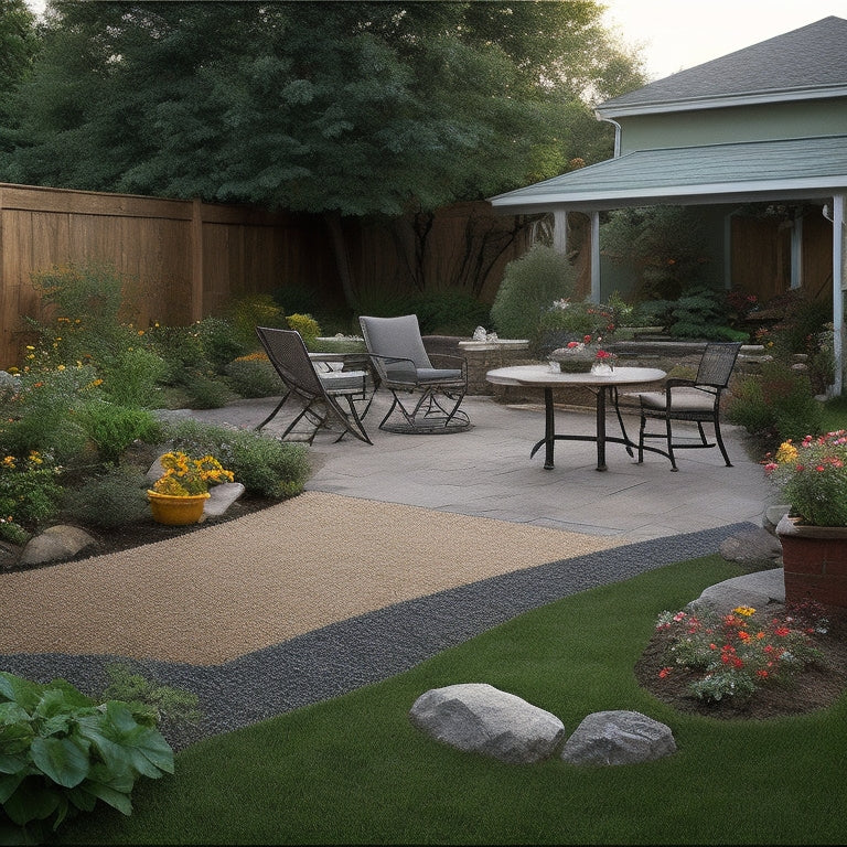 A serene backyard scene with a partially renovated patio, featuring a few pavers laid out, a wheelbarrow with soil and gardening tools, and a measuring tape stretched across the lawn.