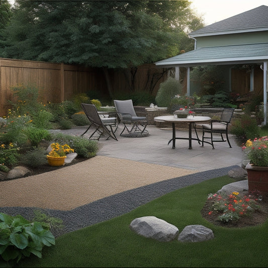 A serene backyard scene with a partially renovated patio, featuring a few pavers laid out, a wheelbarrow with soil and gardening tools, and a measuring tape stretched across the lawn.