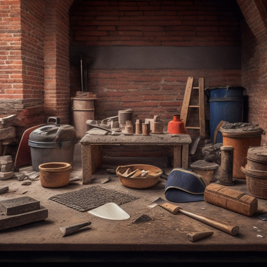 A cluttered workshop table with various masonry tools, including a trowel, level, chisel, hammer, and safety goggles, surrounded by scattered brick fragments, mortar, and a background of rough-hewn stone.