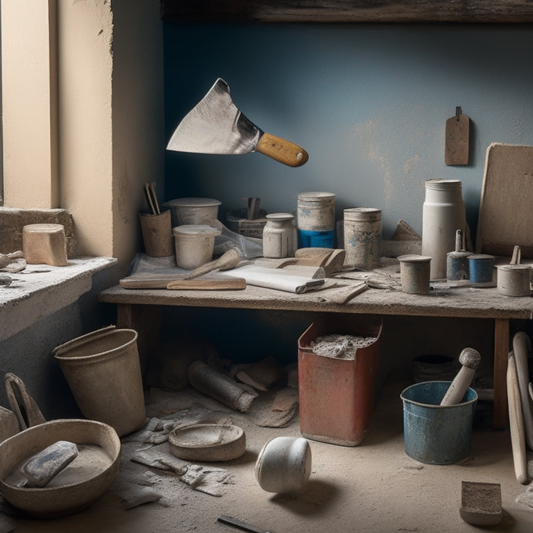 A cluttered renovation workspace with various tools scattered around, including a putty knife, trowel, sandpaper, and joint compound bucket, amidst a partially renovated plaster wall with exposed lath.