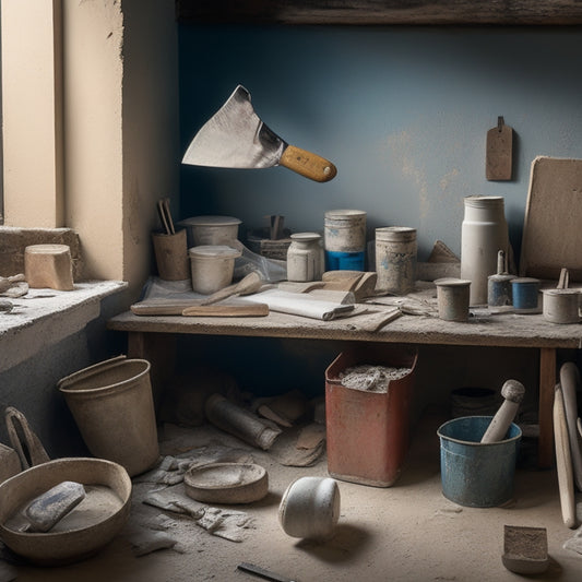 A cluttered renovation workspace with various tools scattered around, including a putty knife, trowel, sandpaper, and joint compound bucket, amidst a partially renovated plaster wall with exposed lath.