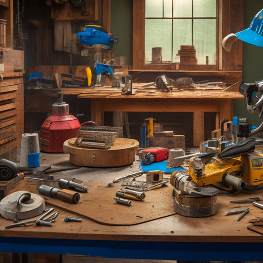 A cluttered workshop table with a circular saw, drill press, and impact driver, surrounded by scattered woodworking plans, measuring tapes, and a bucket of assorted screws and nails.