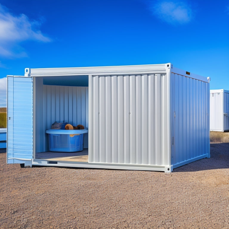A clutter-free exterior wall renovation site with a sleek, silver portable storage container in the foreground, surrounded by neatly organized tools and materials, against a clean, blue-sky background.
