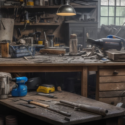 A cluttered workbench with various fast fix tools, including a cordless drill, pliers, hammer, and screwdrivers, surrounded by scattered renovation materials like nails, wires, and wood scraps.