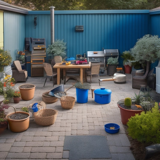 A cluttered backyard with a partially paved patio, scattered pavers, and a few scattered tools, contrasted with a tidy, organized storage unit in the background containing neatly arranged paving tools and equipment.