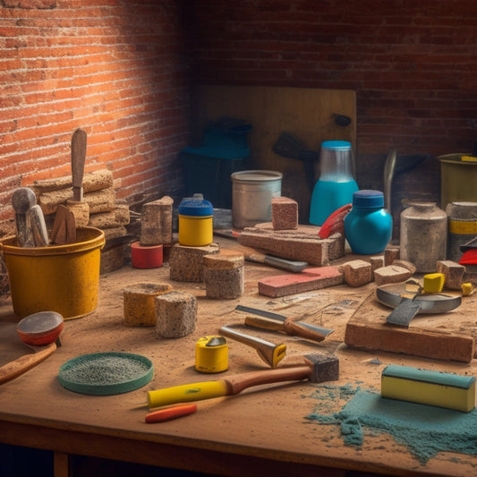 A cluttered workshop table with various block laying tools, including a spirit level, trowel, joint scraper, and a bucket of mortar, surrounded by scattered bricks and a DIY renovation project in progress.