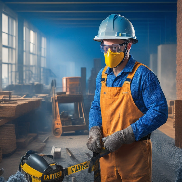 An image of a person wearing a hard hat, safety goggles, and a dust mask, standing in a renovated room with caution tape and warning signs in the background, surrounded by power tools and construction materials.