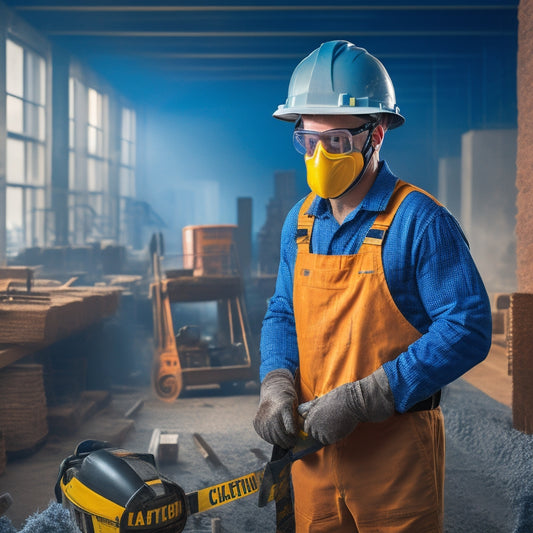 An image of a person wearing a hard hat, safety goggles, and a dust mask, standing in a renovated room with caution tape and warning signs in the background, surrounded by power tools and construction materials.
