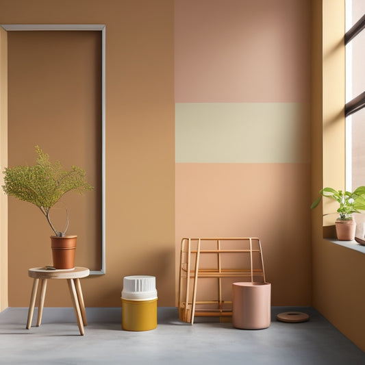 A minimalist interior scene featuring a half-painted wall with four distinct swatches of warm, muted colors (beige, sage, sandy, and taupe) and a few scattered paint cans and brushes.