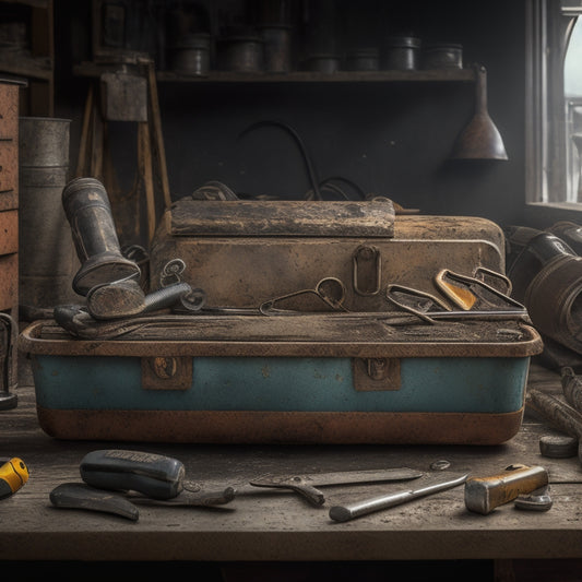 A cluttered toolbox with rusty wrenches, tangled cords, and scattered screwdrivers, surrounded by dusty renovation plans and crumpled blueprints, set against a messy workshop backdrop with power tools in disarray.