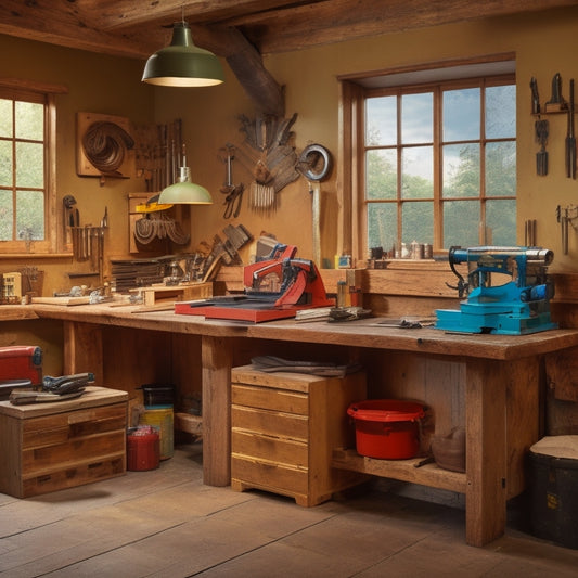A tidy workshop with a wooden workbench, surrounded by organized tools and materials, featuring a mitre saw, drill press, and sandpaper, with a partially renovated room visible in the background.