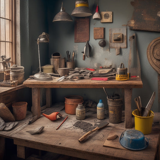 A messy but organized workspace with a variety of plastering tools scattered on a worn wooden table, including a Hawk, trowel, putty knife, and a mixing bucket with a drill and mixing paddle.