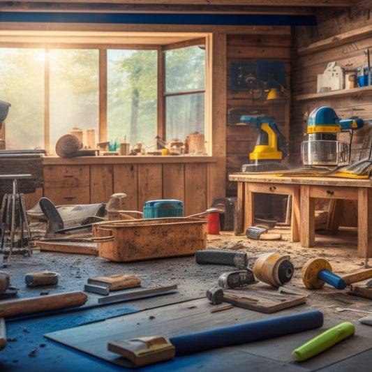 A cluttered home renovation workspace with a local block saw in the center, surrounded by scattered tools, wooden planks, and dust, with a blurred background of a house under construction.