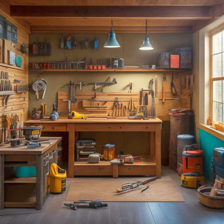 A well-organized workshop with a wooden workbench, surrounded by essential DIY tools, including a cordless drill, level, tape measure, pliers, and a toolbox, with a partially renovated room in the background.