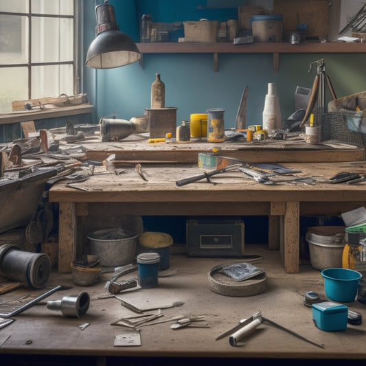 A cluttered workbench with a variety of tools, including a hammer, tape measure, level, drill, and bucket of joint compound, surrounded by drywall scraps and scattered renovation plans.