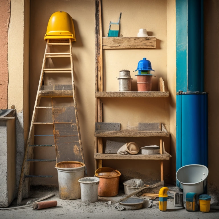 A stucco-covered wall with cracks and damage, surrounded by scattered tools: a trowel, putty knife, mixing bucket, wire brush, and safety goggles, with a ladder and scaffolding in the background.