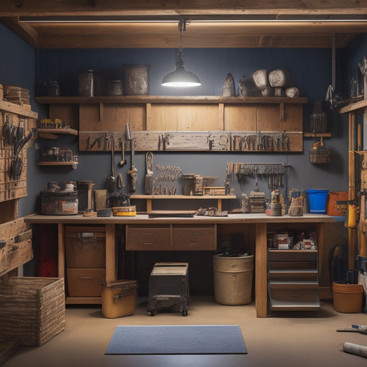 A well-lit, organized basement workshop with pegboards, labeled bins, and a tool chest, surrounded by renovation materials like pipes, lumber, and drywall, with a faint outline of a renovation plan on the wall.