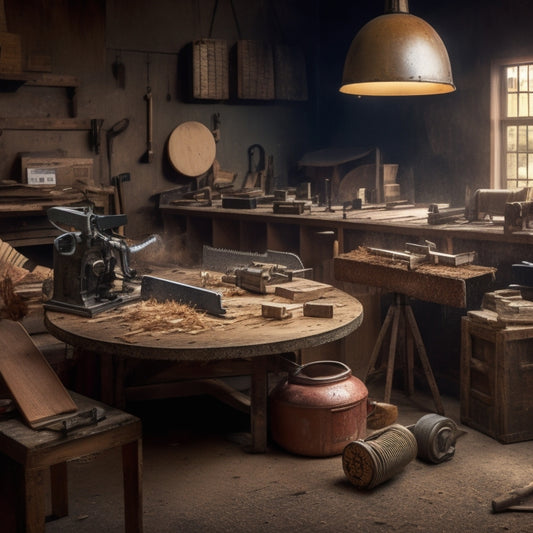 A cluttered workshop background with scattered wood shavings, a worn-out table saw in the corner, and three to five budget-friendly saws of different types (circular, reciprocating, handheld) placed in the foreground.