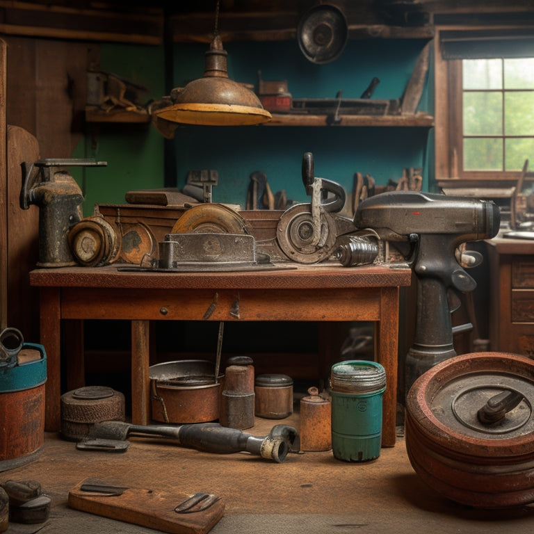 A cluttered, rustic workshop background with a mix of old and new tools, including a vintage drill, a refurbished circular saw, and a steel toolbox with a slightly ajar lid.