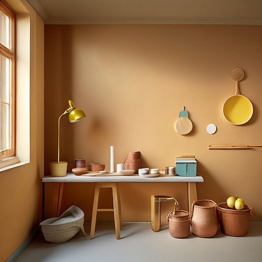 A well-lit, renovated room with a smooth, cream-colored plaster wall as the focal point, featuring a subtle texture and a few faint shadows, surrounded by neatly arranged renovation tools and materials.
