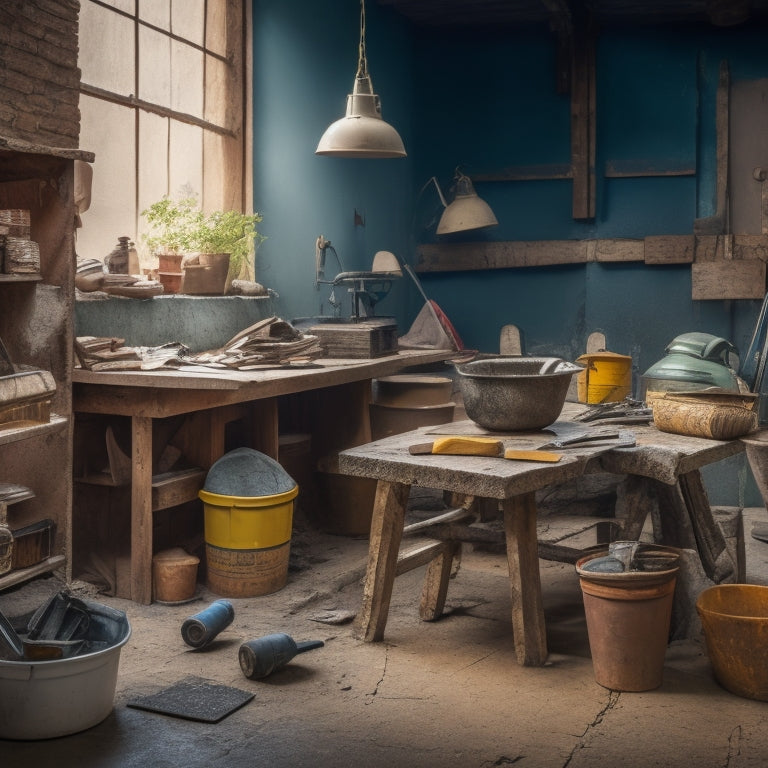 A cluttered workshop table with a cracked block wall section in the background, surrounded by scattered trowels, level, jointer, and bags of mortar, with a wheelbarrow and mixing bucket in the corner.