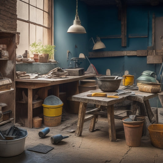 A cluttered workshop table with a cracked block wall section in the background, surrounded by scattered trowels, level, jointer, and bags of mortar, with a wheelbarrow and mixing bucket in the corner.