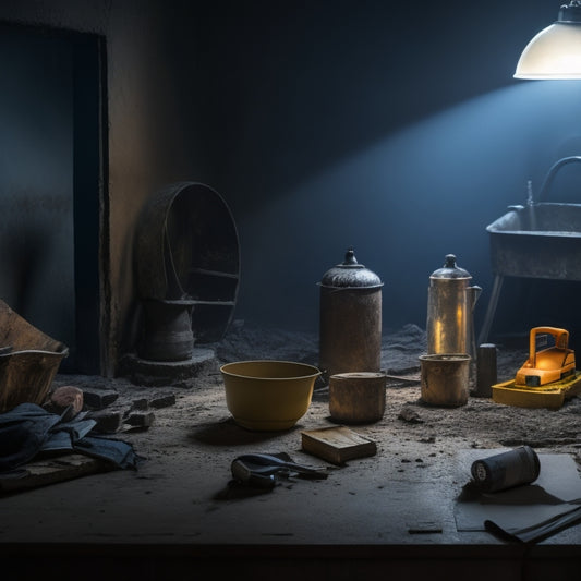 A dramatic, dimly-lit room with a destroyed wall, scattered tools, and a broken vase, surrounded by caution tape, with a faint blueprint on the wall and a worried expression on a contractor's face.