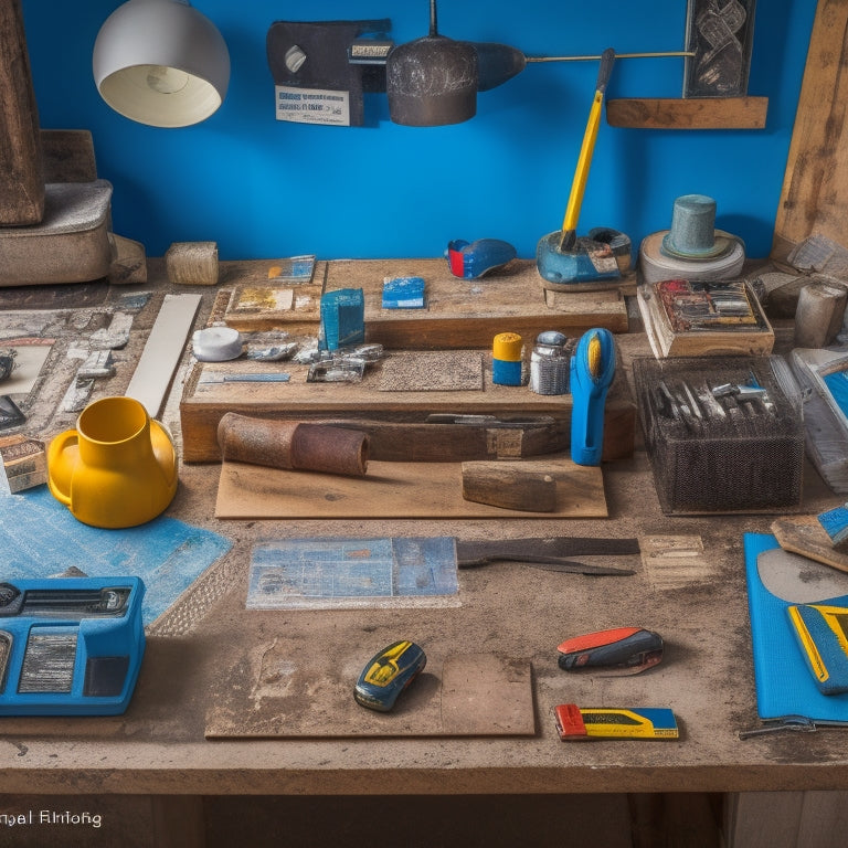 A cluttered but organized workspace with a variety of tools and materials, including a cordless drill, level, and tape measure, surrounded by paint swatches, tile samples, and a miniature blueprint.