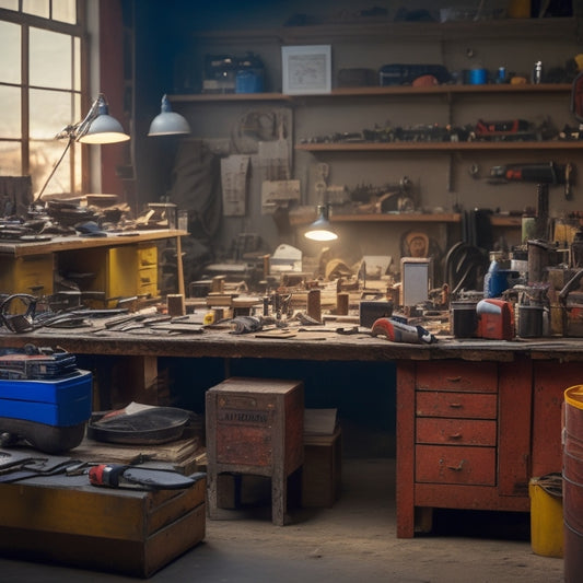 A cluttered workshop with a half-finished renovation project in the background, surrounded by scattered tools, with a partially open toolbox and a few budgeting worksheets and calculators on a nearby workbench.