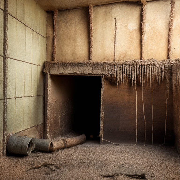 An image of a cracked and worn-out foundation wall with visible water damage, surrounded by old pipes, rusty nails, and crumbling concrete, with a faint outline of a renovation blueprint in the background.