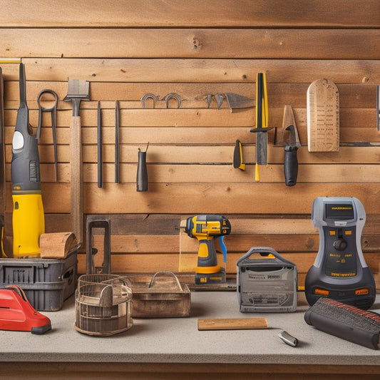 An organized workshop with various lath installation tools, including a laser level, trowel, and drill, arranged around a half-installed lath wall with exposed studs and wires.