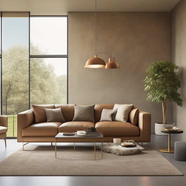 A modern living room with a freshly coated concrete accent wall in a warm, earthy tone, surrounded by sleek furniture and large windows, with a subtle texture and sheen effect.