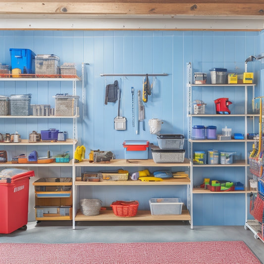 A clutter-free workshop with a pegboard adorned with hooks holding various tool belts, a nearby shelving unit storing buckets of colored stucco, and a compact rolling cart with labeled drawers.