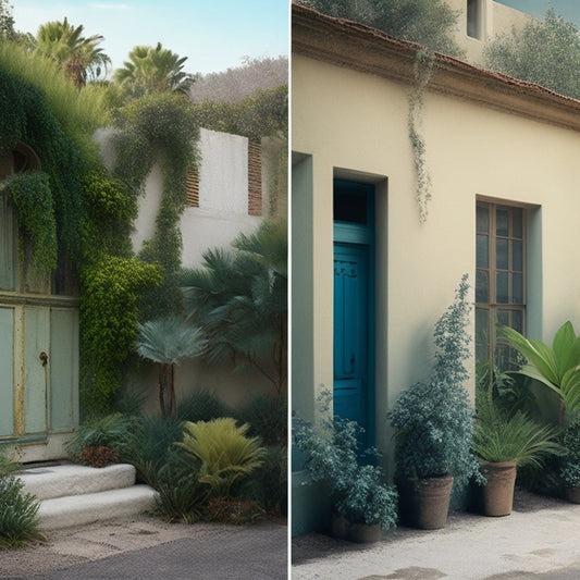 A before-and-after split-screen image: a worn, cracked stucco exterior with peeling paint and overgrown vegetation, contrasted with a renovated version featuring smooth, creamy stucco, clean lines, and sleek modern accents.