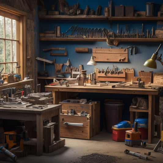 A cluttered but organized workbench with a block house model in the background, surrounded by various DIY tools like drills, saws, hammers, and levels, with scattered blueprints and wooden planks.