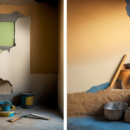 A messy stucco wall with cracks and crumbling areas, surrounded by renovation tools and materials, with a faint outline of a renovated stucco wall in the background, showcasing a before-and-after contrast.