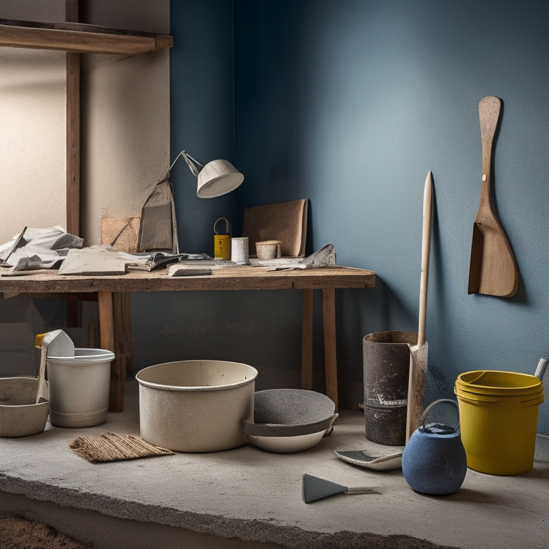 A workspace with various tools and materials for concrete plaster renovation, including a trowel, putty knife, joint compound, sandpaper, and a bucket of mixed plaster, with a partially renovated wall in the background.
