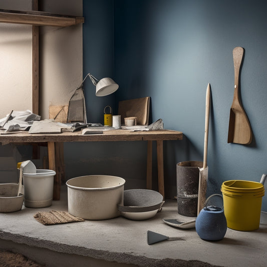 A workspace with various tools and materials for concrete plaster renovation, including a trowel, putty knife, joint compound, sandpaper, and a bucket of mixed plaster, with a partially renovated wall in the background.