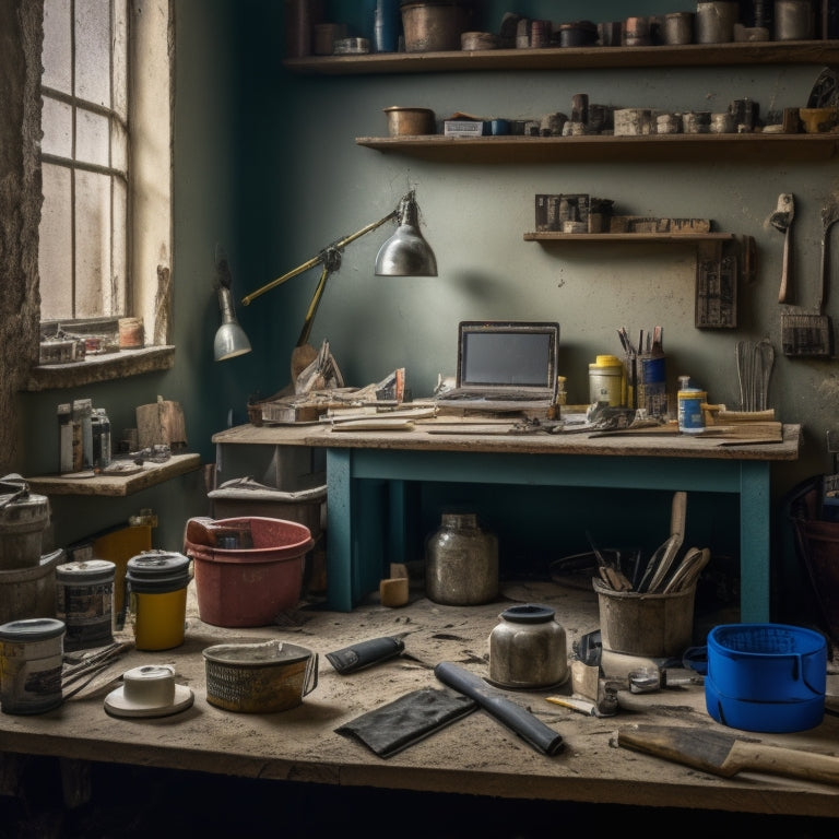 An organized workspace with a cracked wall in the background, surrounded by various tools and materials, including a caulk gun, spackling compound, putty knife, sandpaper, and a bucket of joint compound.