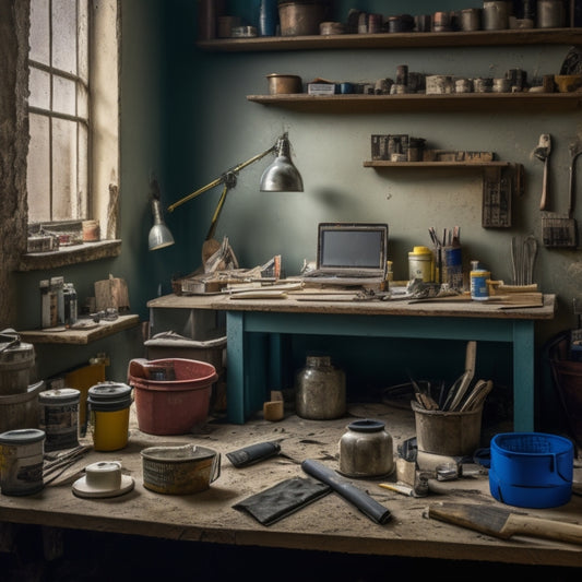 An organized workspace with a cracked wall in the background, surrounded by various tools and materials, including a caulk gun, spackling compound, putty knife, sandpaper, and a bucket of joint compound.