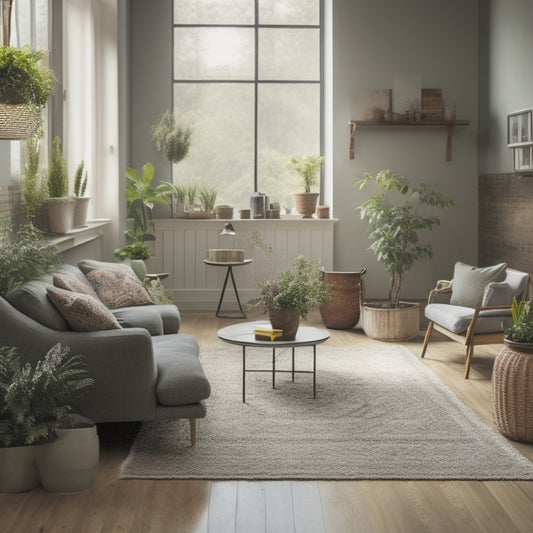 A serene living room with a few scattered planters of varying sizes, shapes, and materials, surrounded by renovation tools and a faint blueprint on the floor, with a subtle caution symbol in the corner.