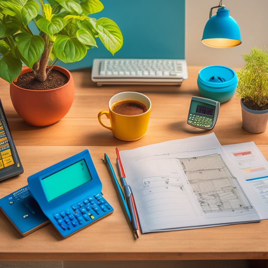 An organized desk with a rolled-out blueprint, a calculator, and a cup of coffee, surrounded by colorful folders, pens, and a small potted plant, with a subtle background of a renovation site.
