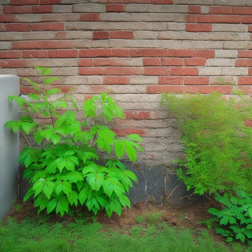 A cracked and crumbling cinder block wall with overgrown weeds, adjacent to a renovated section with fresh paint, new mortar, and gleaming metal reinforcement, contrasting old and new.