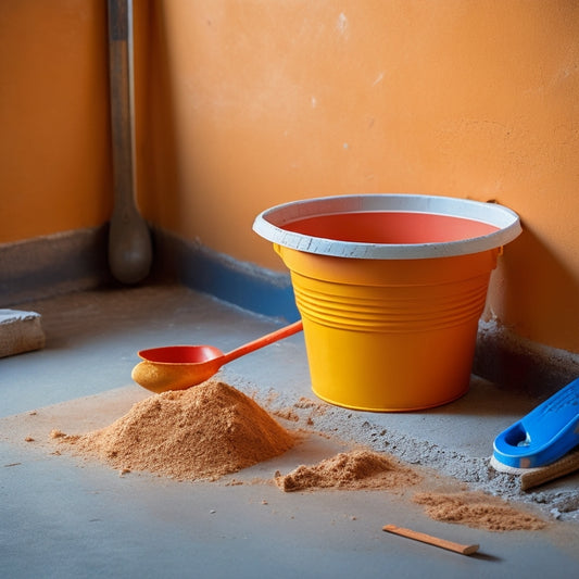 Photo of an orange mixing bucket on a dusty floor, surrounded by a trowel, putty knife, and a bag of plaster, with a small section of freshly plastered wall in the background.
