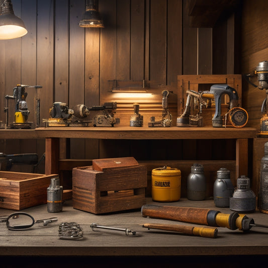 A workshop background with various drill accessories organized on a wooden workbench: bits, drivers, chucks, sanders, levels, and drill presses in different sizes, arranged neatly, with softbox lighting and a slight gradient.
